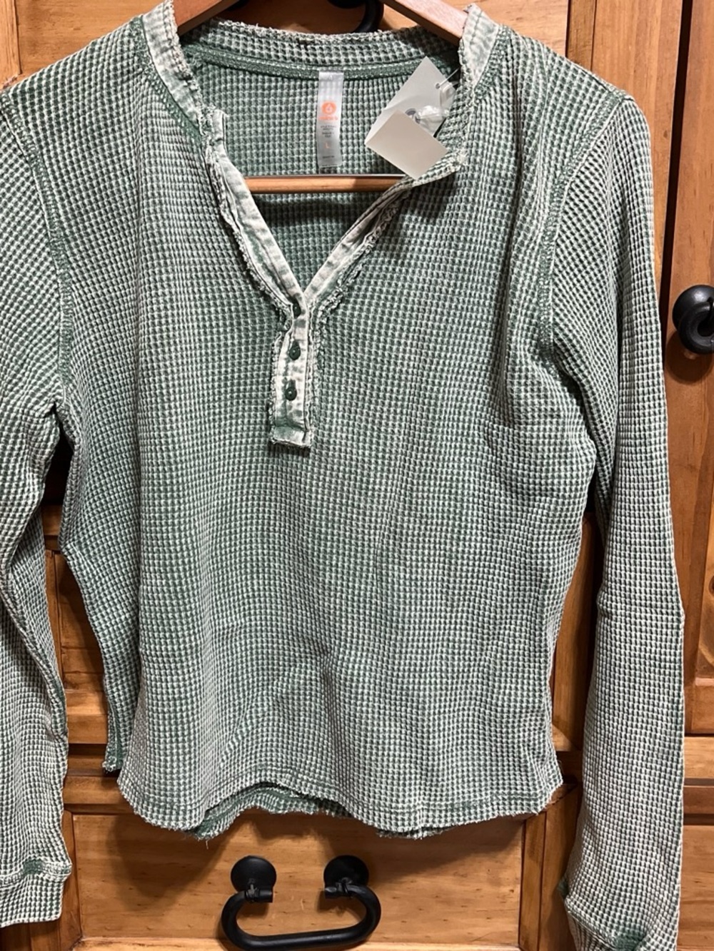 Mono B Washed Sage Green Waffle Henley Long Sleeve